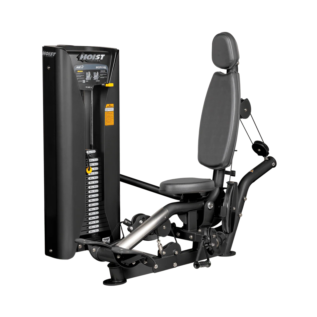 Hoist commercial biceps curl machine with red seat and backrest, ergonomic arm pad, and plate-loaded resistance system for isolated arm training