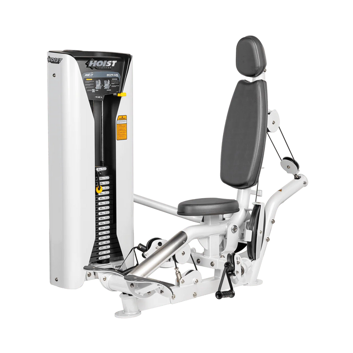 Hoist commercial biceps curl machine with red seat and backrest, ergonomic arm pad, and plate-loaded resistance system for isolated arm training