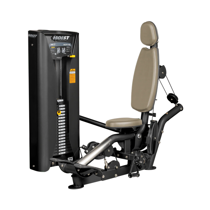 Hoist commercial biceps curl machine with red seat and backrest, ergonomic arm pad, and plate-loaded resistance system for isolated arm training