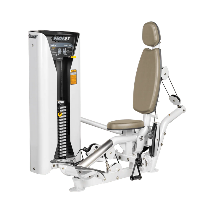Hoist commercial biceps curl machine with red seat and backrest, ergonomic arm pad, and plate-loaded resistance system for isolated arm training