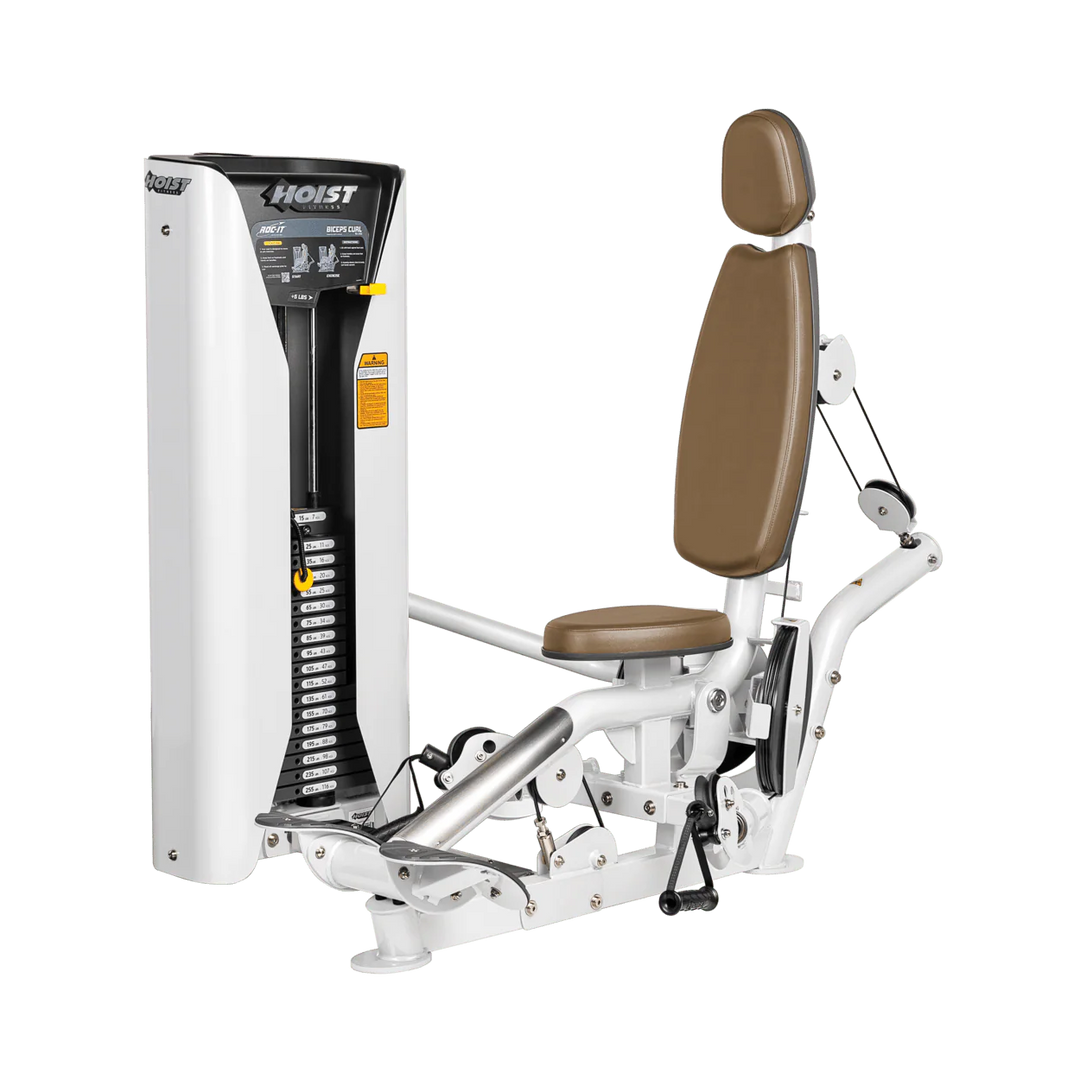 Hoist commercial biceps curl machine with red seat and backrest, ergonomic arm pad, and plate-loaded resistance system for isolated arm training