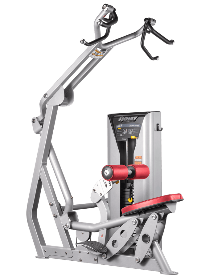 Hoist commercial lat pulldown machine with adjustable seat, thigh pads, and overhead cable system for upper body training