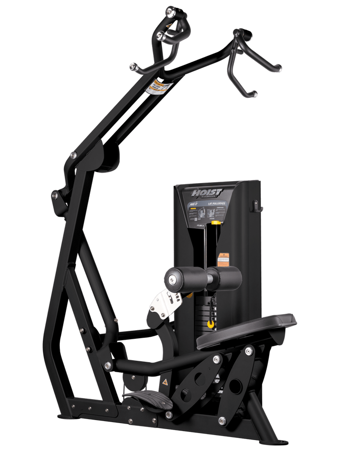 Hoist commercial lat pulldown machine with adjustable seat, thigh pads, and overhead cable system for upper body training