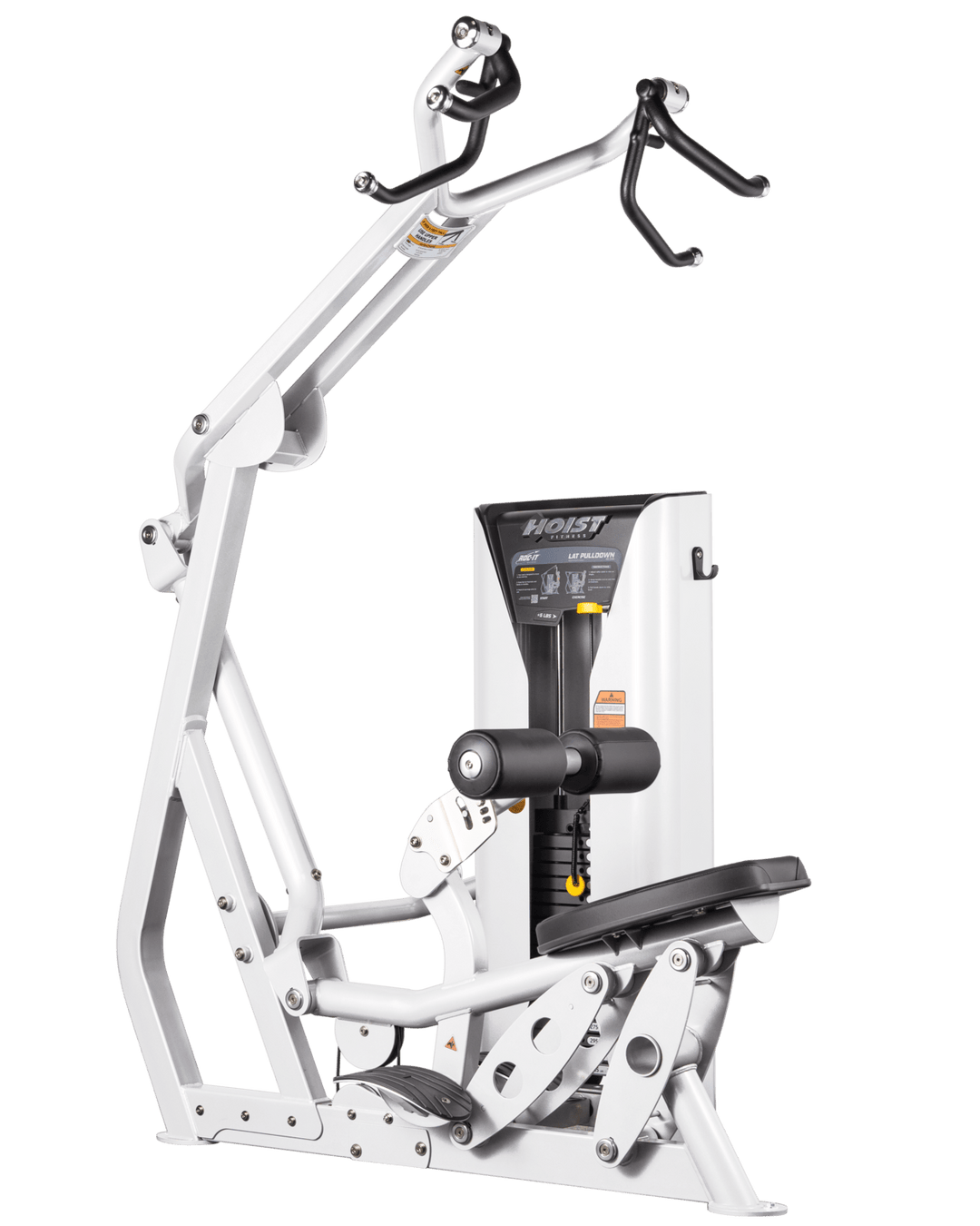 Hoist commercial lat pulldown machine with adjustable seat, thigh pads, and overhead cable system for upper body training