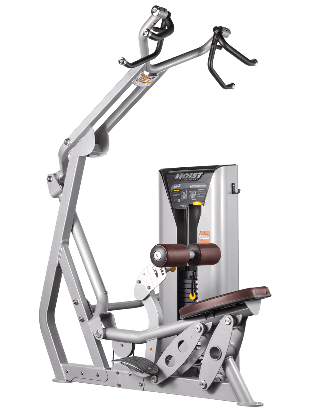 Hoist commercial lat pulldown machine with adjustable seat, thigh pads, and overhead cable system for upper body training