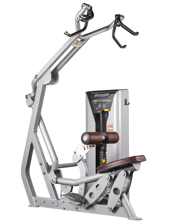 Hoist commercial lat pulldown machine with adjustable seat, thigh pads, and overhead cable system for upper body training