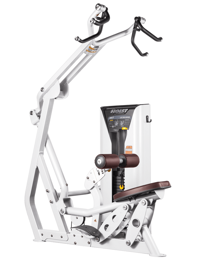 Hoist commercial lat pulldown machine with adjustable seat, thigh pads, and overhead cable system for upper body training
