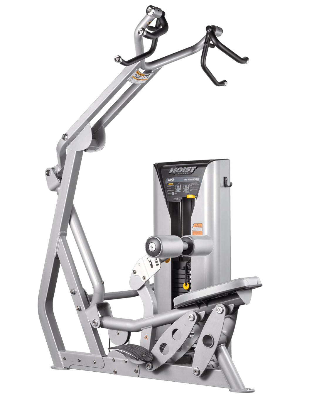Hoist commercial lat pulldown machine with adjustable seat, thigh pads, and overhead cable system for upper body training