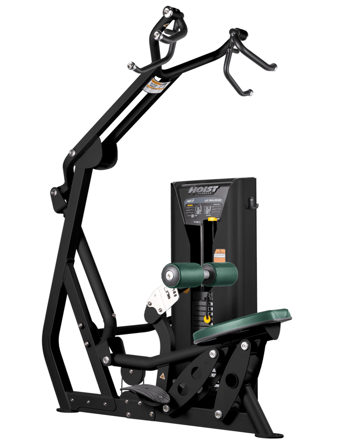 Hoist commercial lat pulldown machine with adjustable seat, thigh pads, and overhead cable system for upper body training