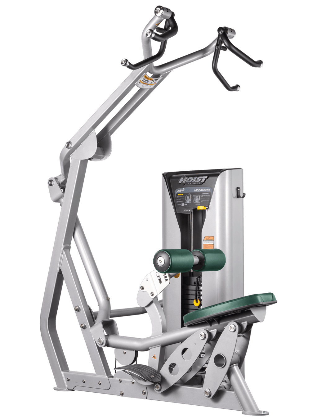 Hoist commercial lat pulldown machine with adjustable seat, thigh pads, and overhead cable system for upper body training