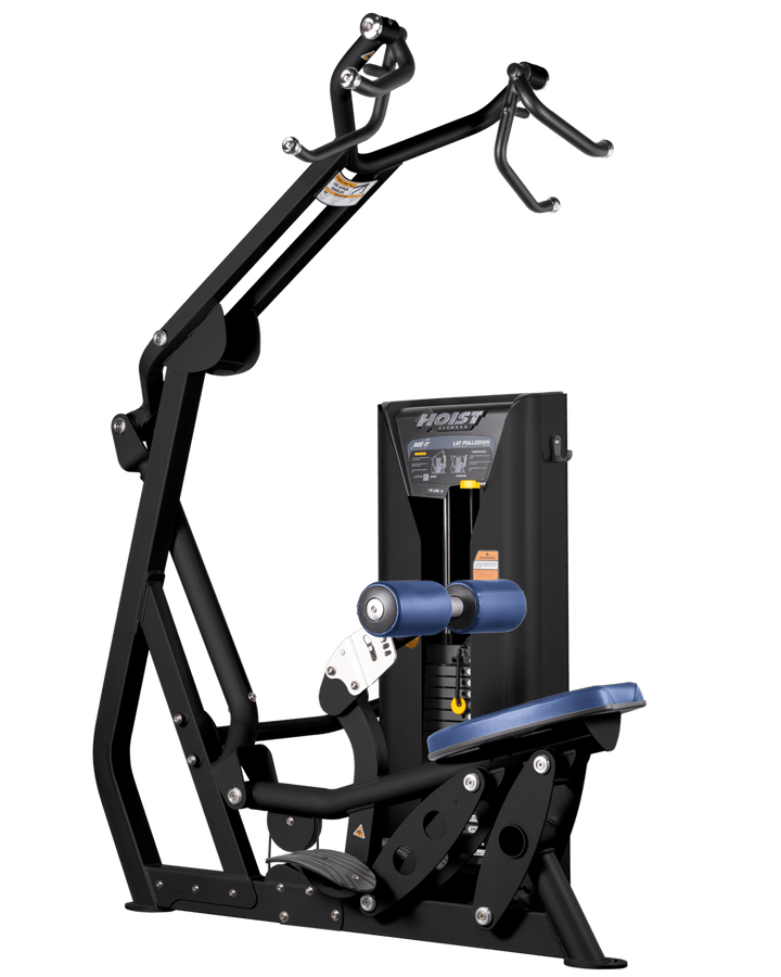 Hoist commercial lat pulldown machine with adjustable seat, thigh pads, and overhead cable system for upper body training