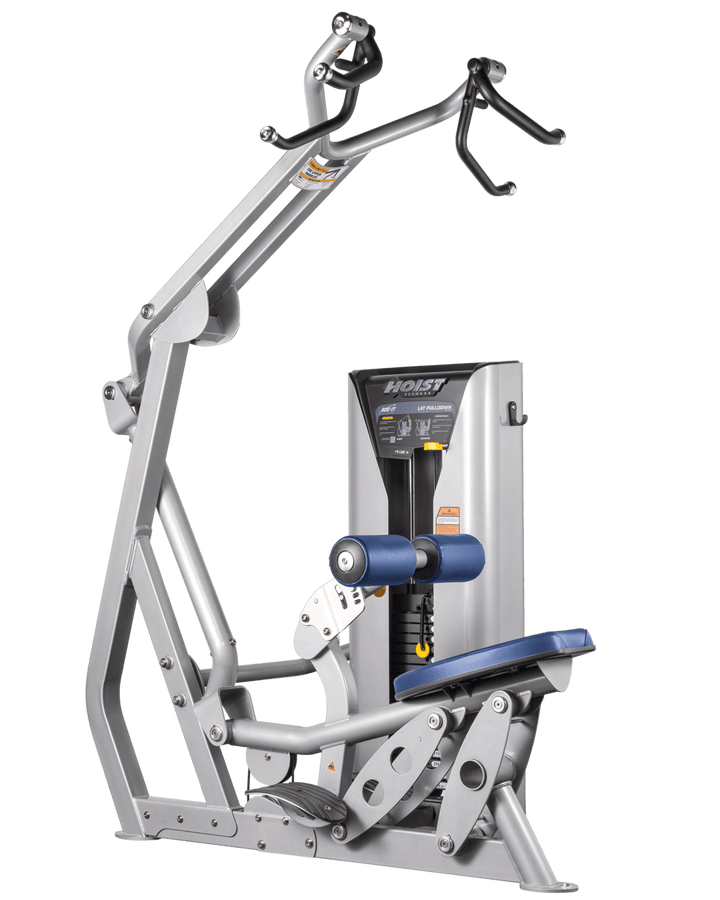 Hoist commercial lat pulldown machine with adjustable seat, thigh pads, and overhead cable system for upper body training