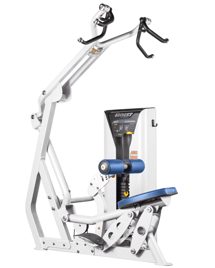 Hoist commercial lat pulldown machine with adjustable seat, thigh pads, and overhead cable system for upper body training