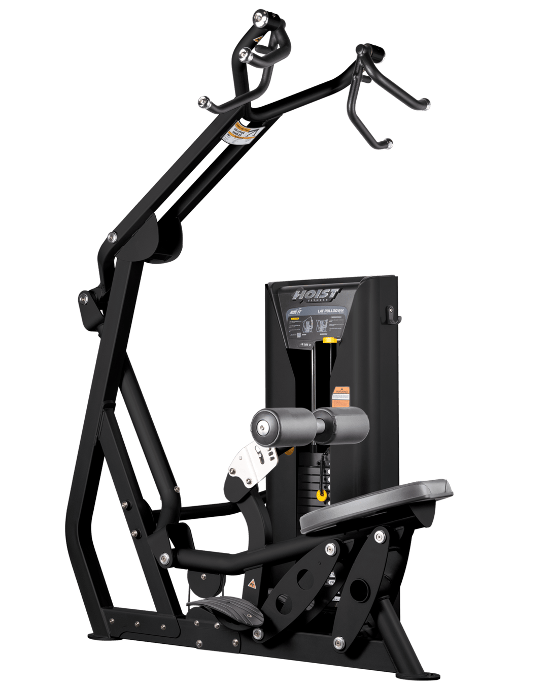 Hoist commercial lat pulldown machine with adjustable seat, thigh pads, and overhead cable system for upper body training