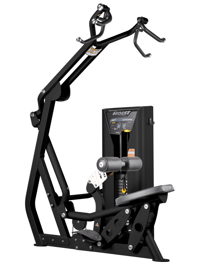 Hoist commercial lat pulldown machine with adjustable seat, thigh pads, and overhead cable system for upper body training