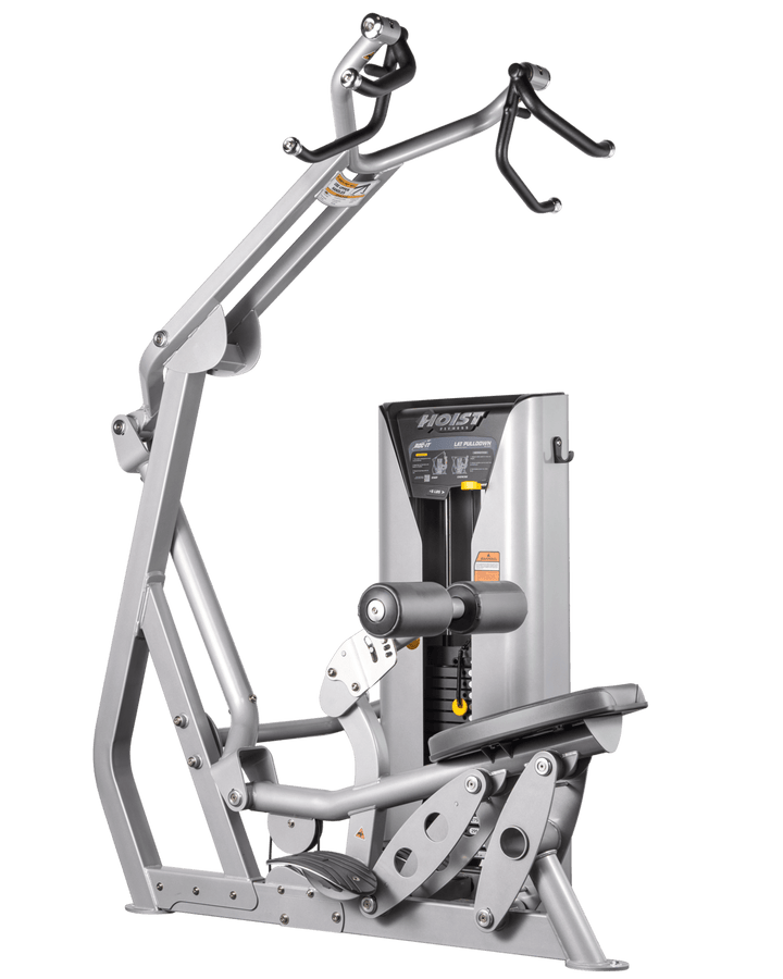 Hoist commercial lat pulldown machine with adjustable seat, thigh pads, and overhead cable system for upper body training