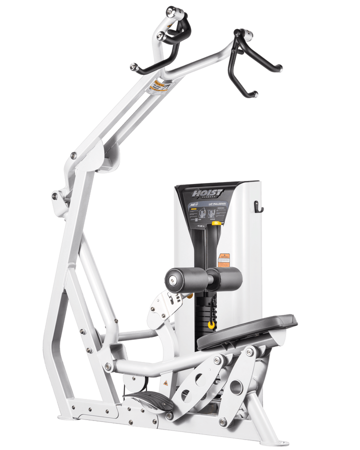 Hoist commercial lat pulldown machine with adjustable seat, thigh pads, and overhead cable system for upper body training