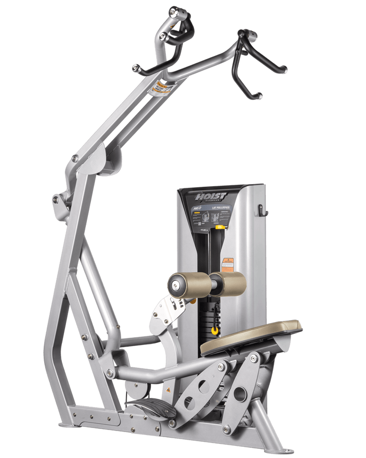 Hoist commercial lat pulldown machine with adjustable seat, thigh pads, and overhead cable system for upper body training
