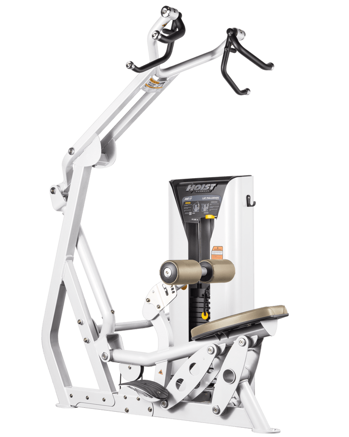 Hoist commercial lat pulldown machine with adjustable seat, thigh pads, and overhead cable system for upper body training