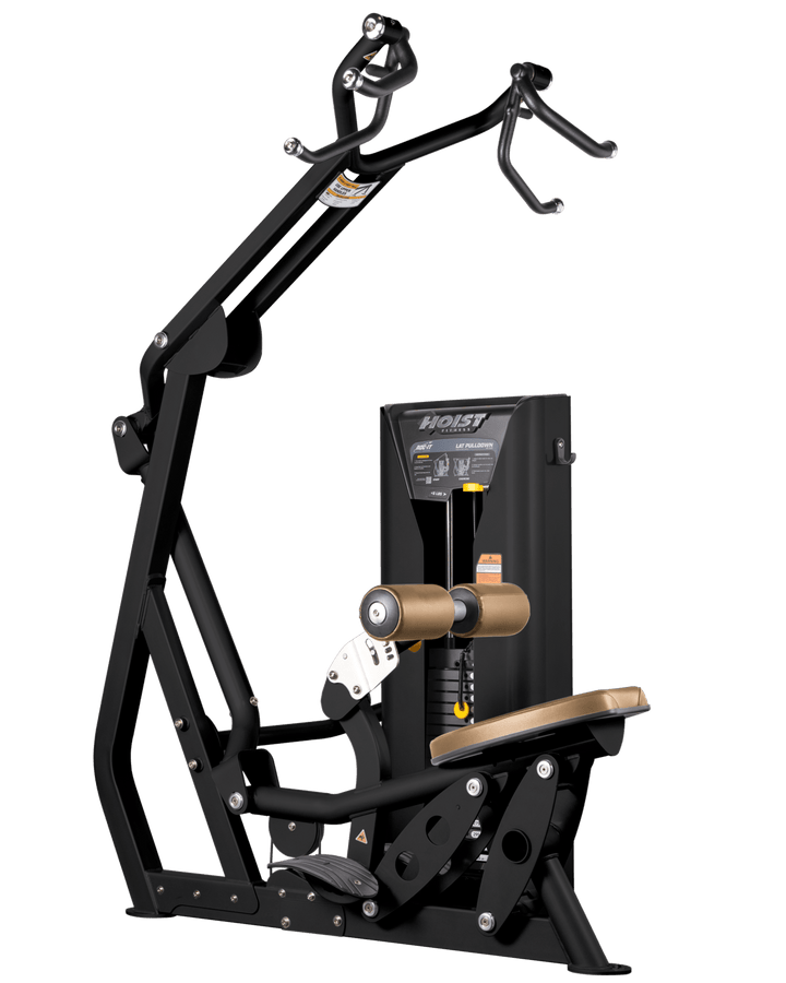 Hoist commercial lat pulldown machine with adjustable seat, thigh pads, and overhead cable system for upper body training