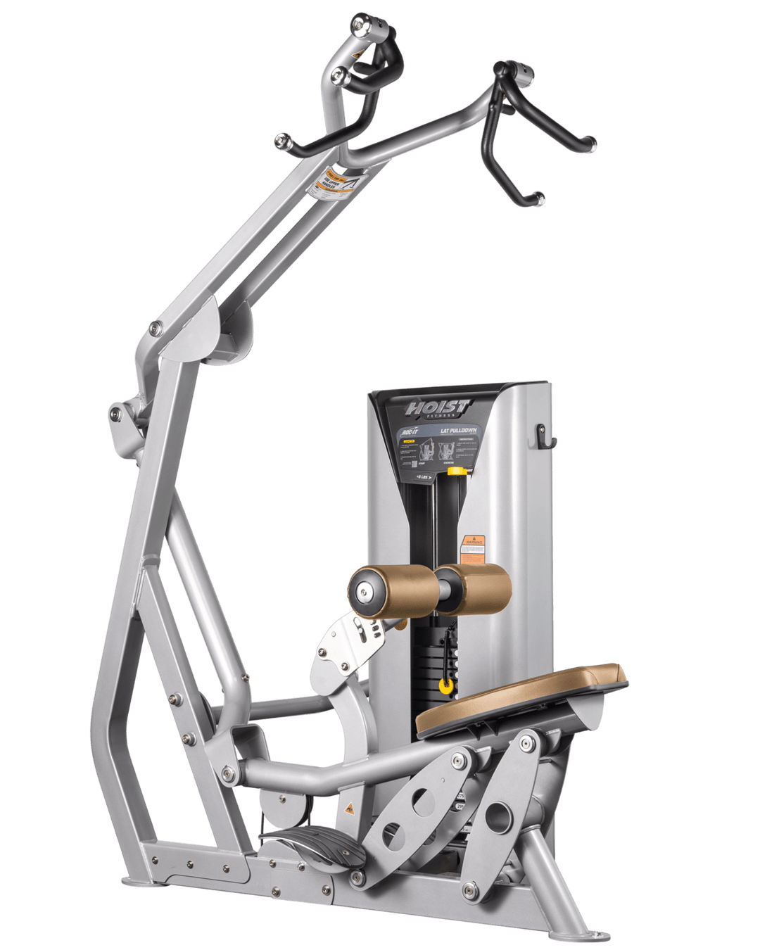 Hoist commercial lat pulldown machine with adjustable seat, thigh pads, and overhead cable system for upper body training