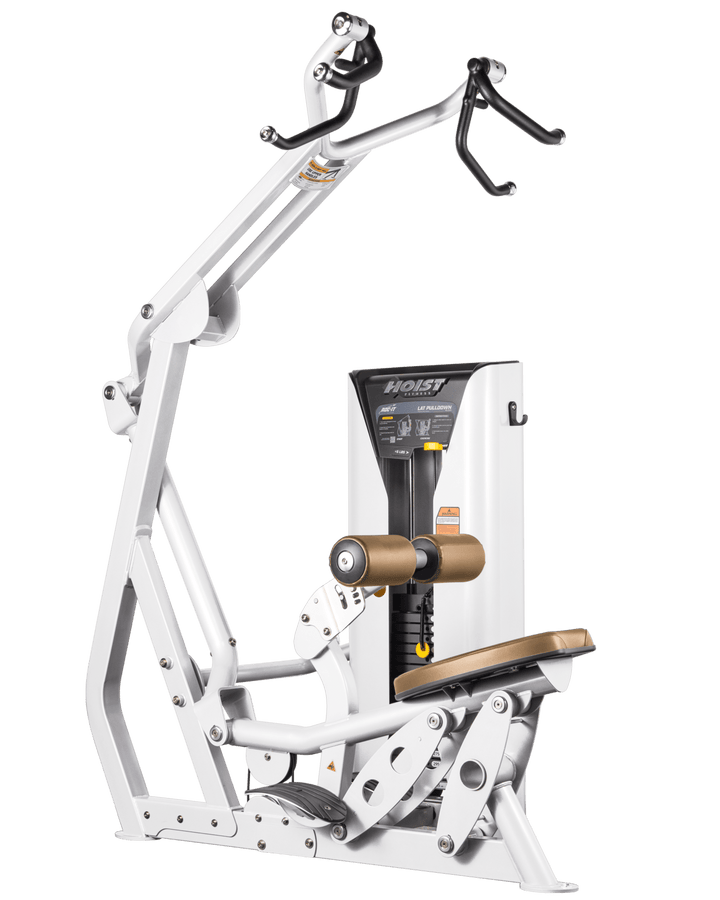Hoist commercial lat pulldown machine with adjustable seat, thigh pads, and overhead cable system for upper body training