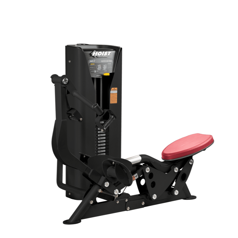 Hoist seated mid row machine with chest pad, adjustable seat, and plate-loaded resistance for back strength training