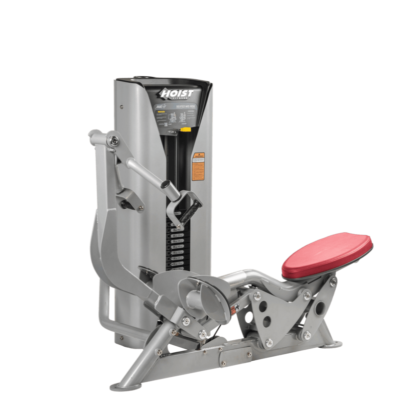 Hoist seated mid row machine with chest pad, adjustable seat, and plate-loaded resistance for back strength training