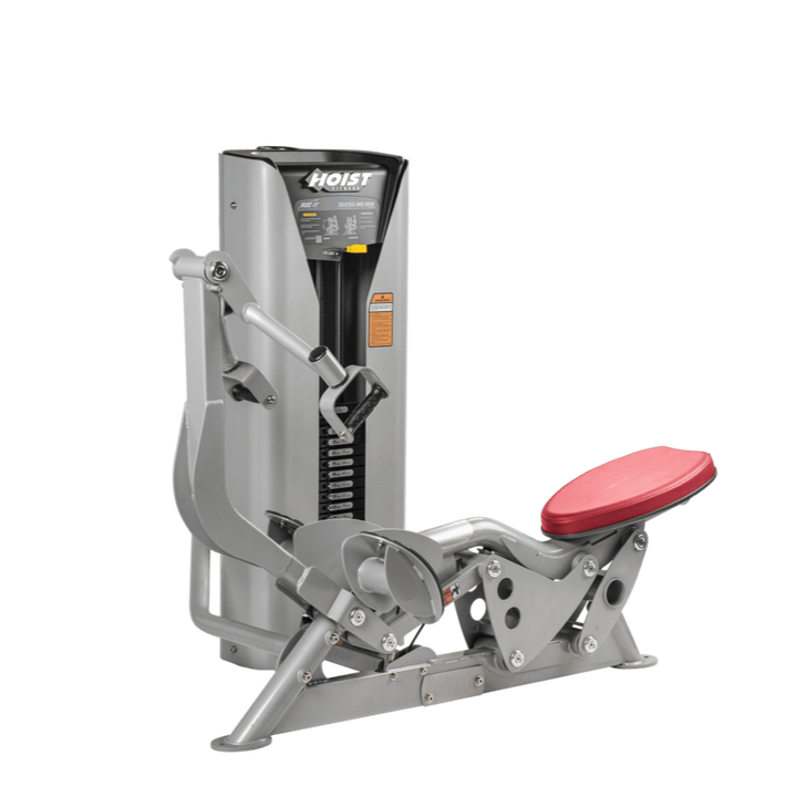 Hoist seated mid row machine with chest pad, adjustable seat, and plate-loaded resistance for back strength training