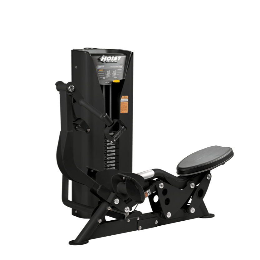 Hoist seated mid row machine with chest pad, adjustable seat, and plate-loaded resistance for back strength training