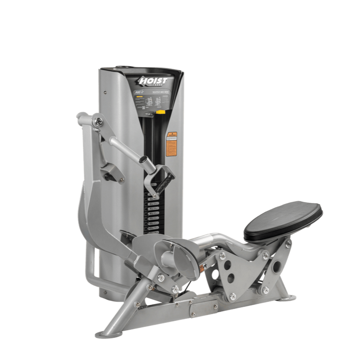 Hoist seated mid row machine with chest pad, adjustable seat, and plate-loaded resistance for back strength training