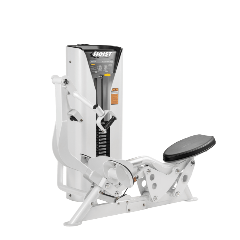 Hoist seated mid row machine with chest pad, adjustable seat, and plate-loaded resistance for back strength training