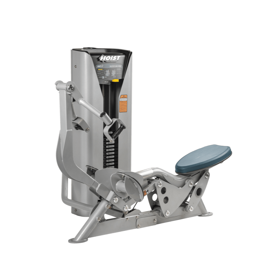 Hoist seated mid row machine with chest pad, adjustable seat, and plate-loaded resistance for back strength training