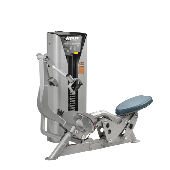 Hoist seated mid row machine with chest pad, adjustable seat, and plate-loaded resistance for back strength training