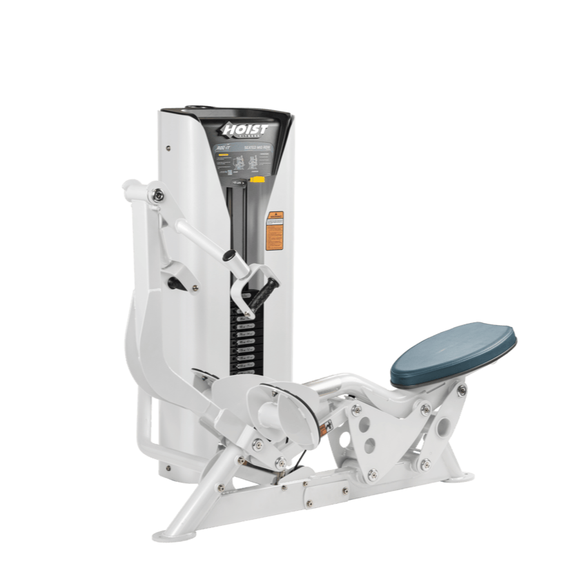 Hoist seated mid row machine with chest pad, adjustable seat, and plate-loaded resistance for back strength training