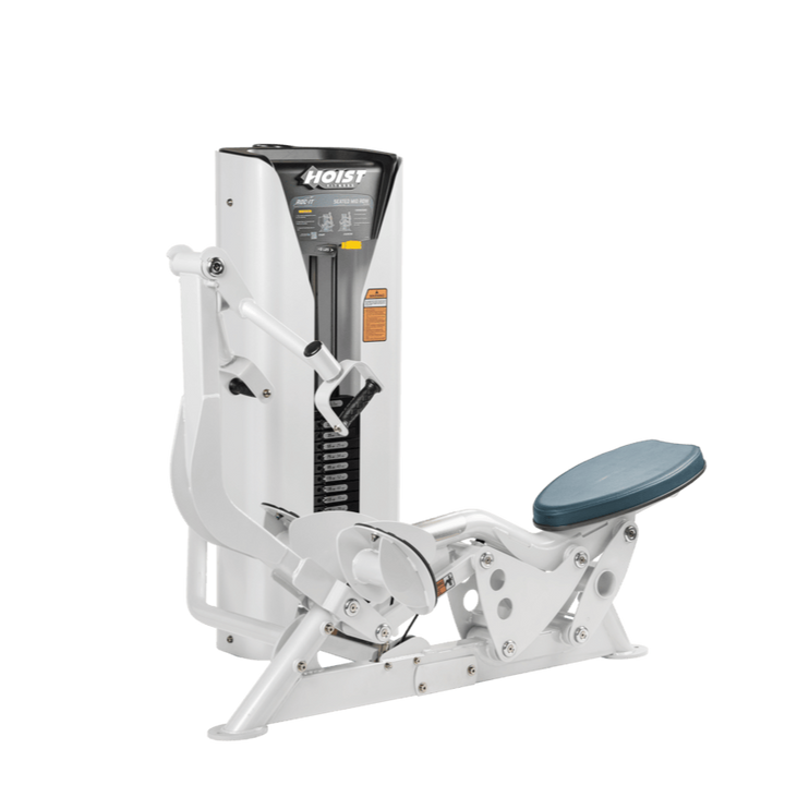 Hoist seated mid row machine with chest pad, adjustable seat, and plate-loaded resistance for back strength training