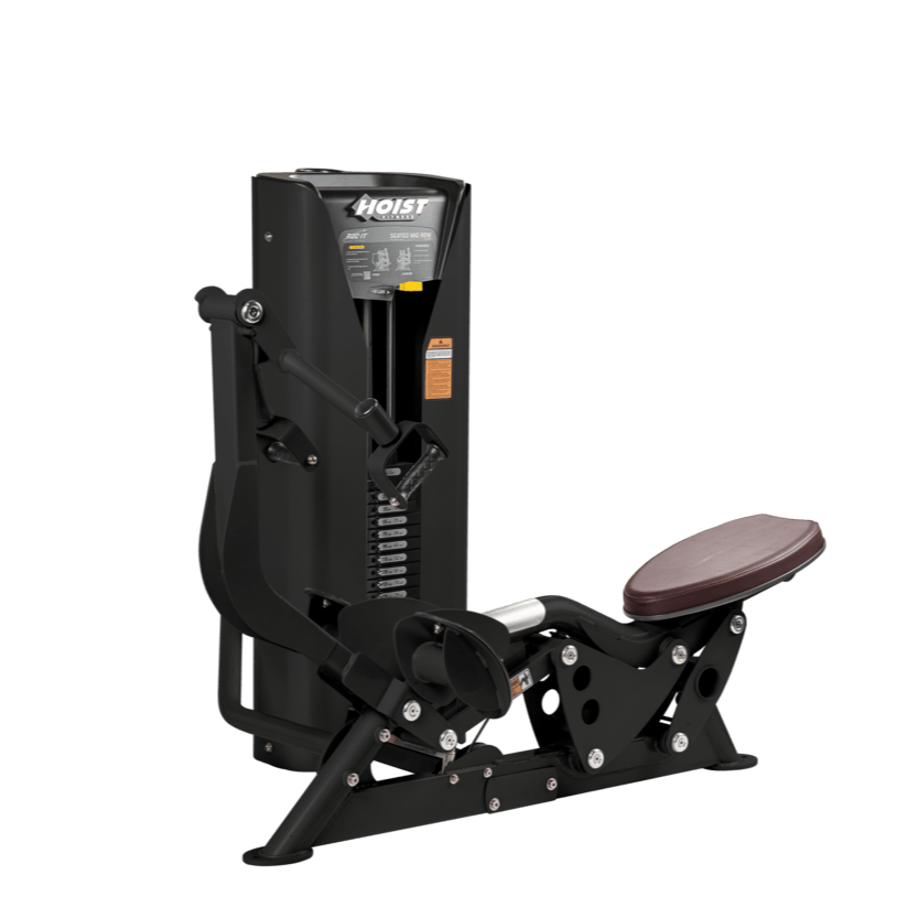Hoist seated mid row machine with chest pad, adjustable seat, and plate-loaded resistance for back strength training