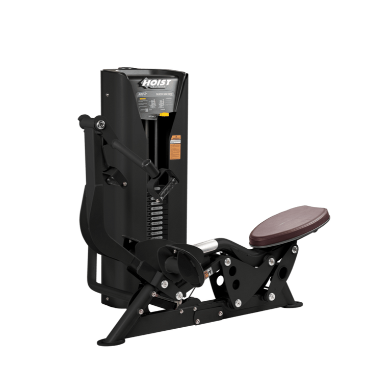 Hoist seated mid row machine with chest pad, adjustable seat, and plate-loaded resistance for back strength training