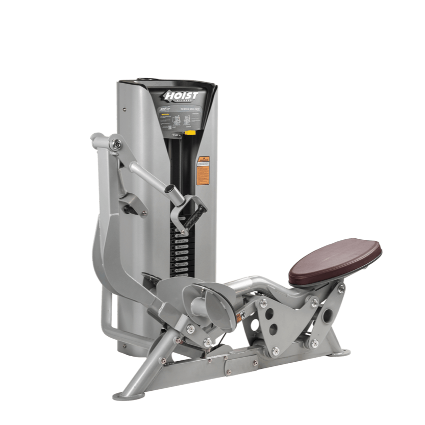 Hoist seated mid row machine with chest pad, adjustable seat, and plate-loaded resistance for back strength training