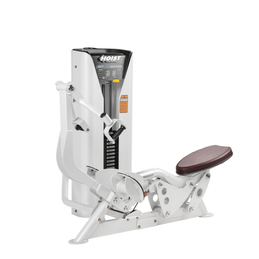 Hoist seated mid row machine with chest pad, adjustable seat, and plate-loaded resistance for back strength training