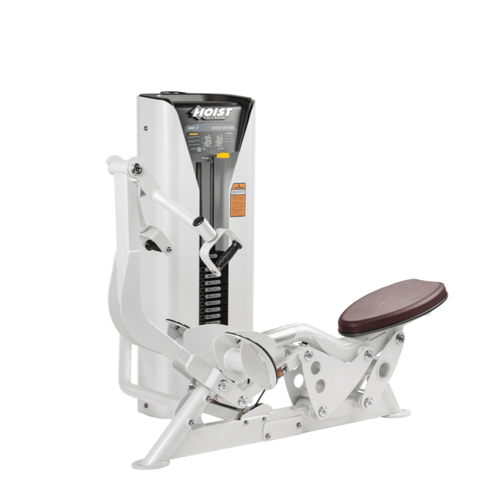Hoist seated mid row machine with chest pad, adjustable seat, and plate-loaded resistance for back strength training