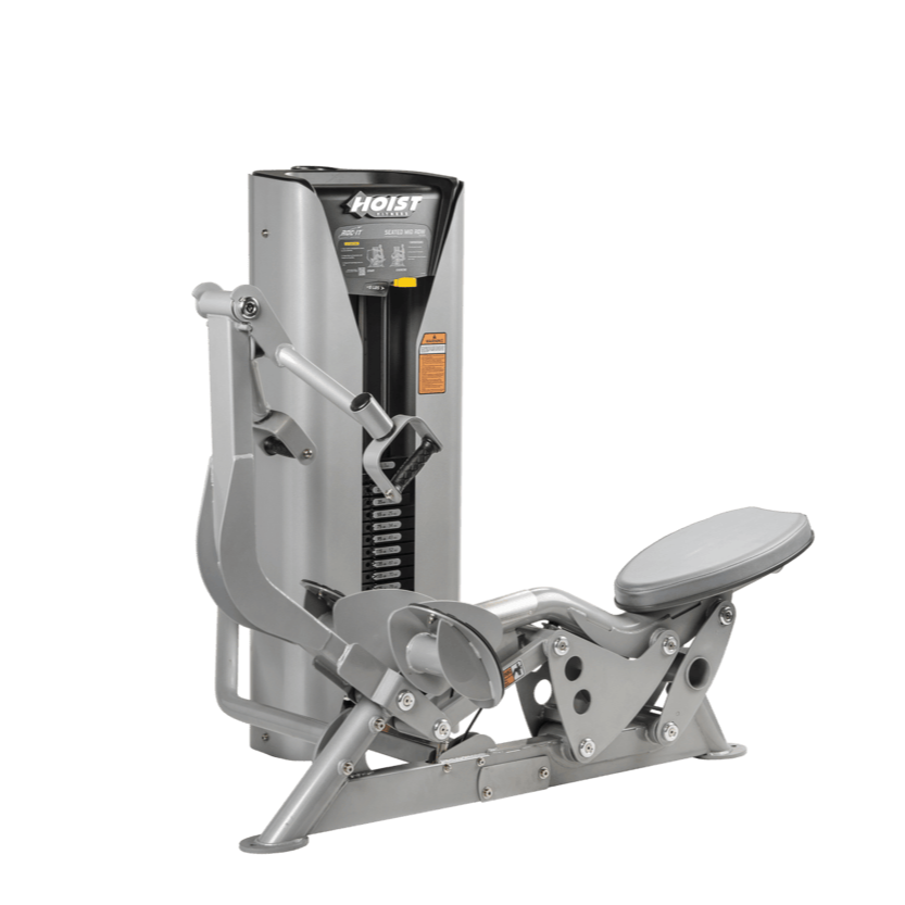 Hoist seated mid row machine with chest pad, adjustable seat, and plate-loaded resistance for back strength training