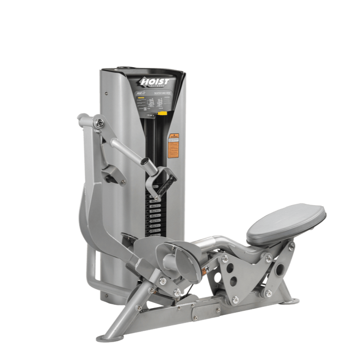 Hoist seated mid row machine with chest pad, adjustable seat, and plate-loaded resistance for back strength training