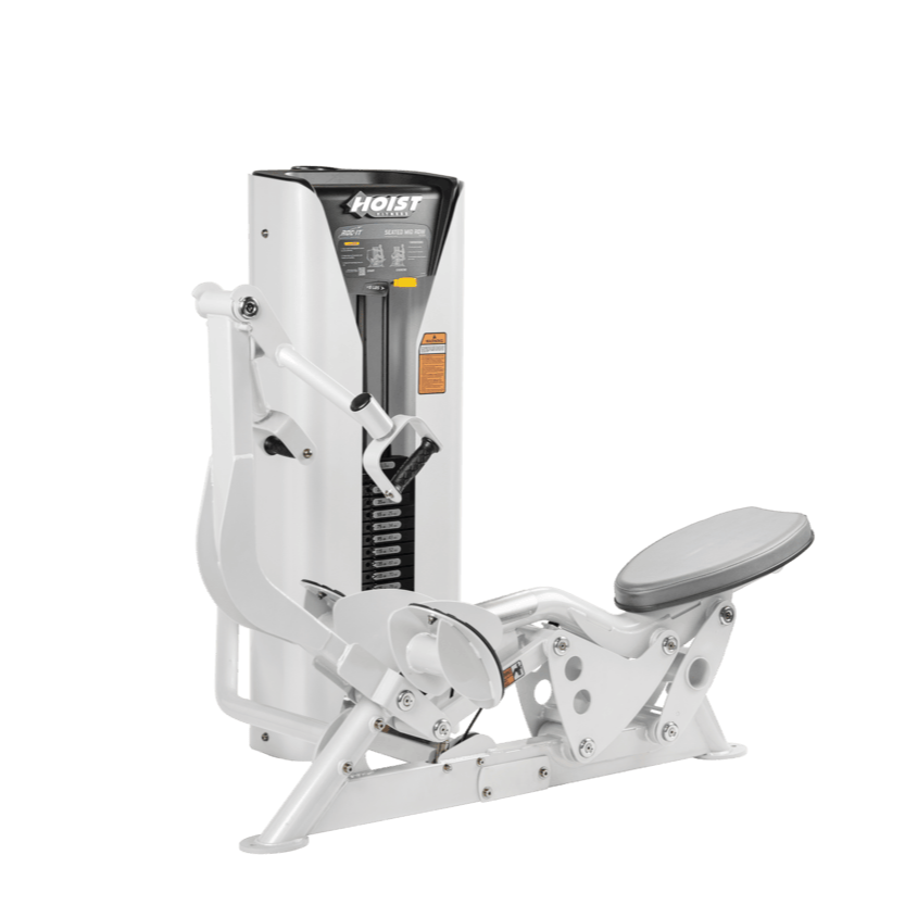 Hoist seated mid row machine with chest pad, adjustable seat, and plate-loaded resistance for back strength training