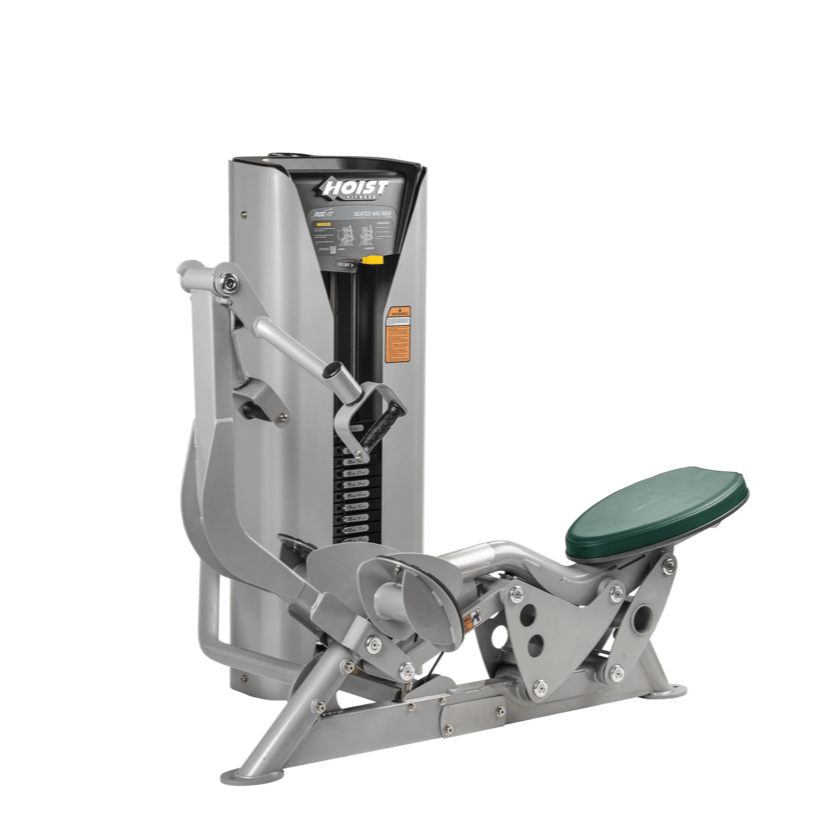 Hoist seated mid row machine with chest pad, adjustable seat, and plate-loaded resistance for back strength training