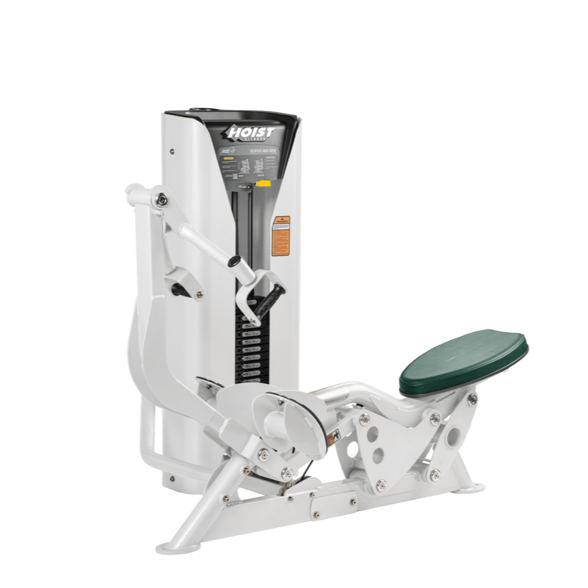 Hoist seated mid row machine with chest pad, adjustable seat, and plate-loaded resistance for back strength training