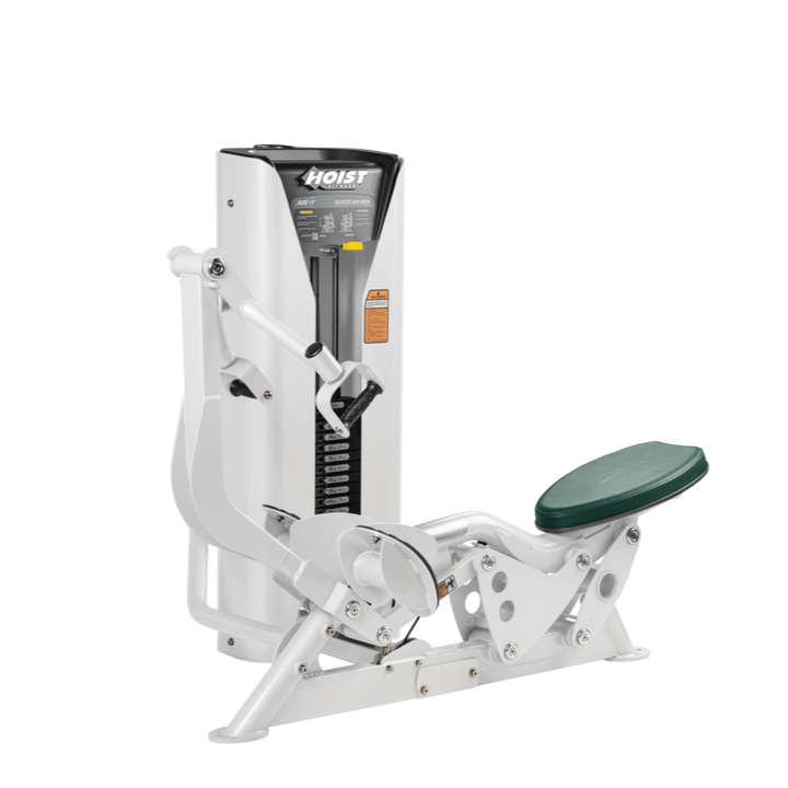 Hoist seated mid row machine with chest pad, adjustable seat, and plate-loaded resistance for back strength training