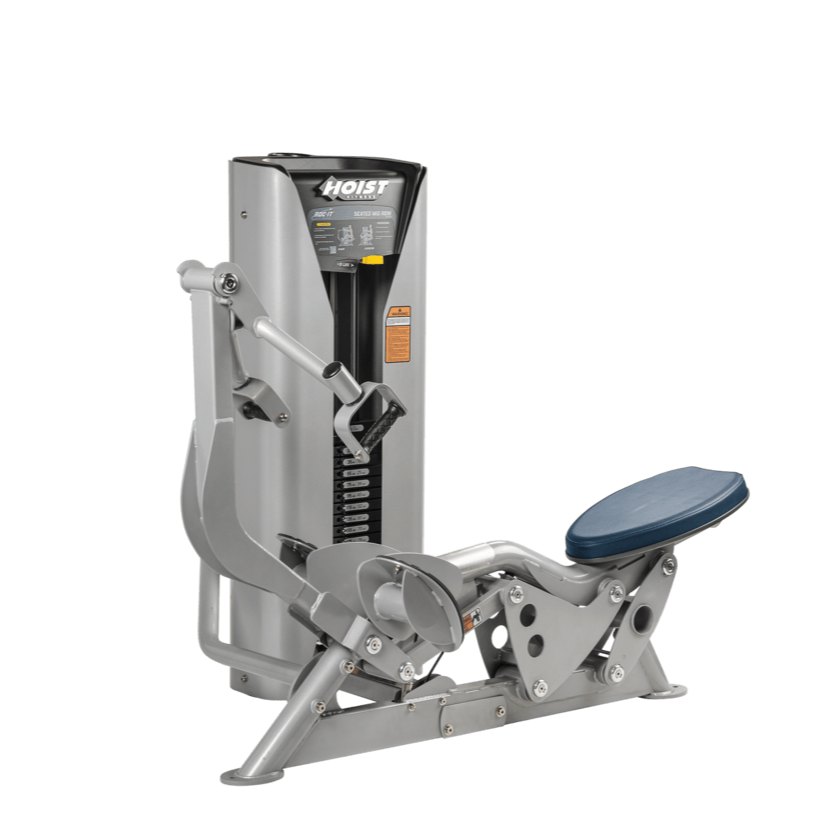 Hoist seated mid row machine with chest pad, adjustable seat, and plate-loaded resistance for back strength training