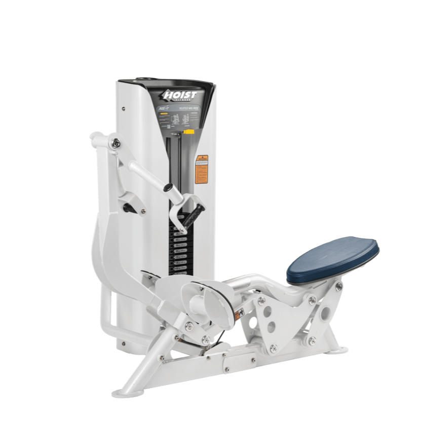 Hoist seated mid row machine with chest pad, adjustable seat, and plate-loaded resistance for back strength training