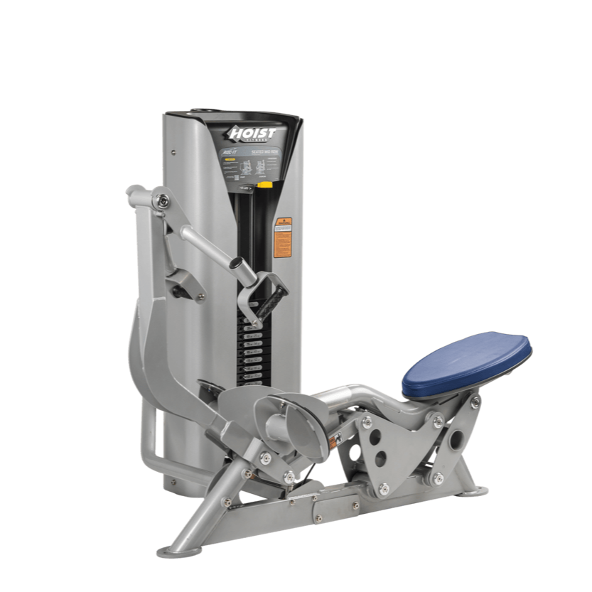 Hoist seated mid row machine with chest pad, adjustable seat, and plate-loaded resistance for back strength training